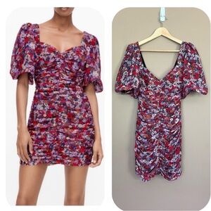 {Zara} Floral Puff Sleeve Mini Dress with Ruching Blogger Favorite - XS - NWT
